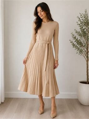 Pleated Knit Midi Dress in Beige